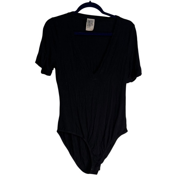 Free People Black Deep V Neck Short Sleeve Thong Bodysuit L Made in USA - Picture 2 of 10